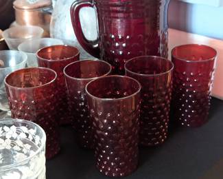Anchor Hocking ruby red pitcher and glasses