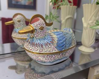 Antique Chinese Canton Enamel Cloisonne Duck Box
