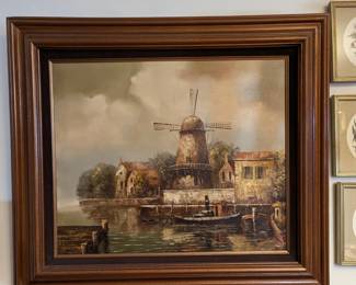 Original signed oil painting of boat by harbor with windmill by Guido Borelli