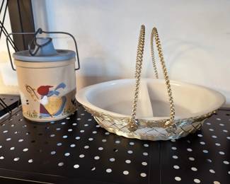 Vintage stoneware crock and Glasbake oval divided dish with gold tone decorative wire basket