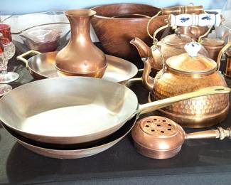 Copper pans, vase etc