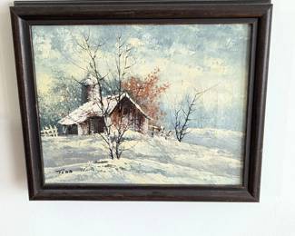 Original signed TODD oil painting barn winter snow