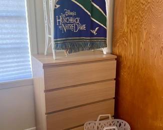 LIGHT WOOD CHEST OF DRAWERS, BAMBOO BLANKET/QUILT STAND
