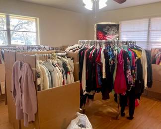 THIS SALE HAS AN AMAZING INVENTORY OF CLOTHING-MEN’S, WOMEN’S, & CHILDREN’S-SOME NEW WITH TAGS! IT ALSO OFFERS BEAUTIFUL & SPARKLY ICE SKATING COSTUMES! CLOTHES & COSTUMES ARE IN NICE WEARABLE CONDITION.
