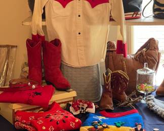 VINTAGE CHILDREN’S WESTERN CLOTHES! SOME BRANDS INCLUDE HARLEQUIN DESIGNS & WEE SPREE, VINTAGE MADE IN USA CHILDREN’S SPURS, VINTAGE CHILDREN’S COWBOY BOOTS, GREAT AMERICAN WORKS GENUINE LEATHER PURSE NEW WITH TAG