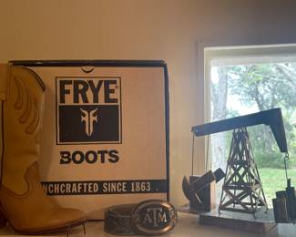 VINTAGE FRYE BOOTS, VINTAGE TEXAS A&M BELTBUCKLE , COPPER OIL DERRICK SCULPTURE