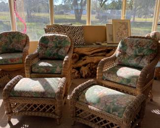 VINTAGE RATTAN/WICKER CHAIRS & OTTOMANS