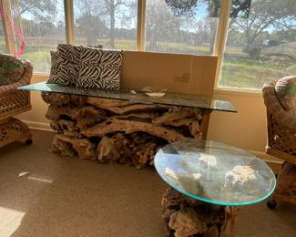 MANZANITA WOOD TABLES WITH GLASS TOPS-SO PRETTY!