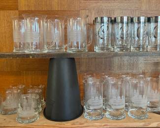 VINTAGE ETCHED NAUTICAL CLIPPER SHIP BARWARE GLASSES AND VINTAGE “C” INITIAL GLASSES