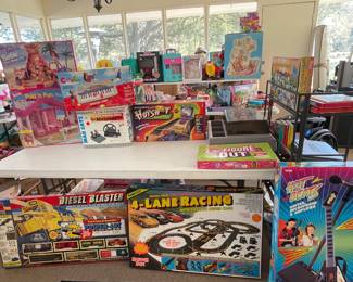 VINTAGE DIESEL BLASTER TRAIN SET, TYCO 4 LANE RACING SET, TYCO HOT BEATS GUITAR, ANALOG STEERING WHEEL FOR NINTENDO 64, HOT SKATIN’ BARBIE, BARBIE FOLD ‘N FUN HOUSE