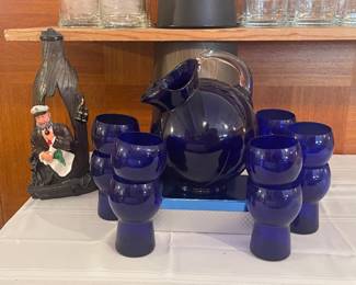 CAMBRIDGE COBALT BLUE WATER SET ROYAL BLUE BALL JUG & MUSHROOM GLASSES