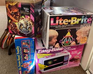 VINTAGE LITE BRITE, EASY BAKE OVEN, WAKE THE WIZARD GAME, MR. POTATO HEAD FAMLY GAME