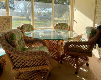 ANOTHER GLASS TOP RATTAN/WICKER TABLE & 4 CHAIRS