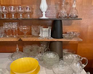 WESTMORELAND MILK GLASS BUD VASE, CRYSTAL DECANTERS