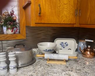 VINTAGE METAL CAKE HOLDER, COPPER TEA KETTLE, MARBLE ROLLING PIN, PFALTZGRAFF STONEWARE BAKING SET
