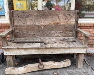 HEAVY WOODEN BENCH WITH HANDCARVED WINDMILL/FARM SCENE, ANTIQUE OXEN YOKE