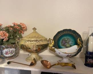 PRUSSIA BISCUIT JAR FRANCOIS BOUCHER La MARROTTE, ARZBERO GERMANY PLATES, ALKA ALBOTH & KAISER SERVING DISH WITH GOLD GILDED SWAN FORM HANDLES