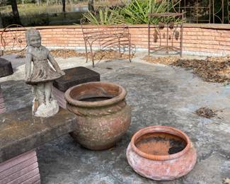 CONCRETE STATUE, TERRA COTTA POTS