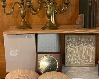 GREEK WALL ART SCULPTURE, PAIR 2 ARMED BRASS CANDLESTICKS, BRASS TRUMPET, VINTAGE CHERUB WALL SHELVES, VINTAGE 1980’S BOMBAY MAZE GAME