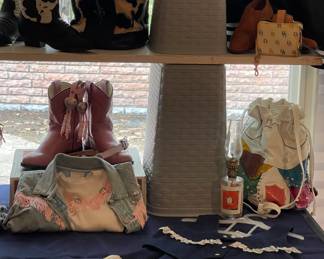 PRECIOUS WESTERN OUTFIT BY D.H.S. & SONS INC. DALLAS, RETRO HANDBAG, VINTAGE J. BAR J. HOLSTEIN MOTIF BOOTS, VINTAGE MERLIN HANDBAG NEW WITH TAG-originally purchased at FOLEY’S, VINTAGE CHILDREN’S BRONCO ROPERS, WESTERN ATTIRE BY SPARKLE