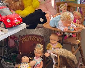 ADORABLE STUFFED ANIMALS! DOLL HIGH CHAIR, CUTE “BRITTANY” ROCKING CHAIR, CABBAGE PATCH DOLL
