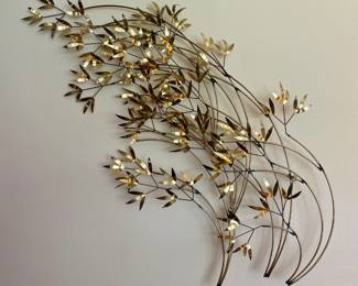 SIGNED 1982 CURTIS JERE BRASS BAMBOO LEAVES WALL SCULPTURE-LOVELY METAL MODERN WALL ART!