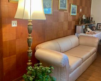 ORNATE BRASS FLOOR LAMP, CUSTOM SILK UPHOLSTERED SOFA (HAVE 2)