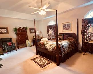 Link Taylor Heirloom mahogany pencil post bed, nightstands, high boy