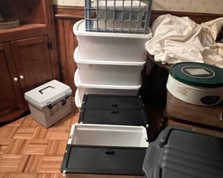 Storage bins, many on wheels