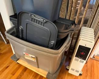 many storage bins, appliance dollies