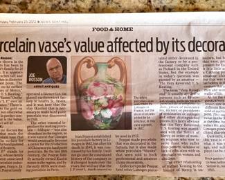 Newspaper article about the vase from 2012