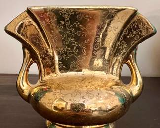 Art Deco 22KT Gold etched dual handle vase