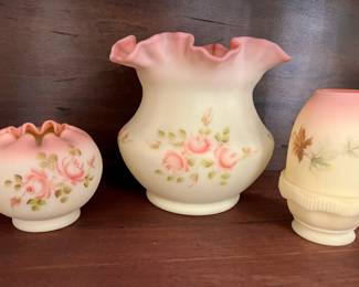 Fenton Rose Burmese pink ruffled glass vases and fairy lamp