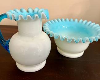 Fenton aqua crest milk glass pitcher and bowl