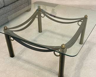 Square glass top table with metal base