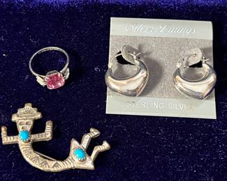 Sterling silver pin, ring and earrings