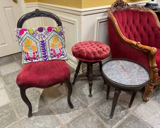 Balloon Backed Chair, Glass Ball Piano Stool and Small French Marble Topped Table