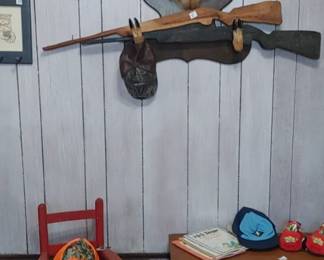Deer head wooden carved guns toy chest little red rocking chair and more