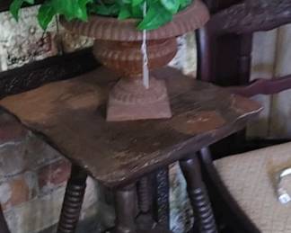 Antique oak spindle table also shown cast iron antique urn