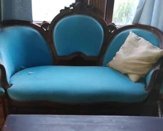 Beautiful carved Rosewood Victorian settee with matching pieces and footstool recovered and ocean blue velvet fabric
