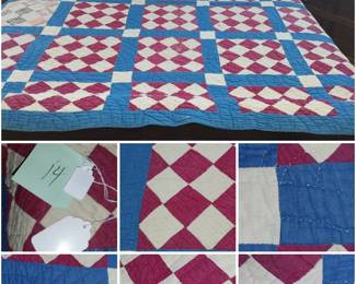 Antique quilt number 14 dark rose pink and blue hand stitched number 14 60% off