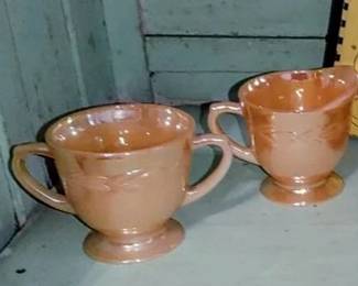Vintage Fire King Oven Ware Peach Luster Laurel Leaf Cream Sugar Set