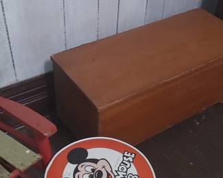 Great size toy box for small children little red antique chair and Mickey Mouse stool