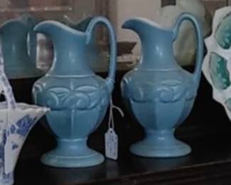 RARE PAIR Redwing 8-3/8" Pitcher Vase #1081, 8 Sided Embossed Blue (c. 1940s)
