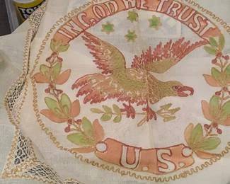 Vintage handmade embroidery and God We Trust us with eagle definitely worth framing
