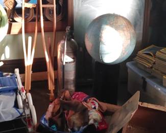 Trunks a globe and more items first room to the right at the top of the stairs