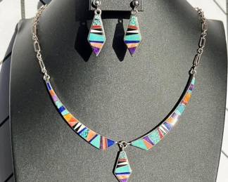 Vintage Navajo Diné Calvin Begay Sterling Silver Turquoise Multi-Stone Inlay