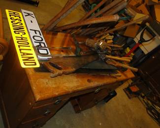 Hand tools and more, and a nice wooden desk too