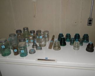 Vintage canning jars, with zinc lids, and glass electrical insulators