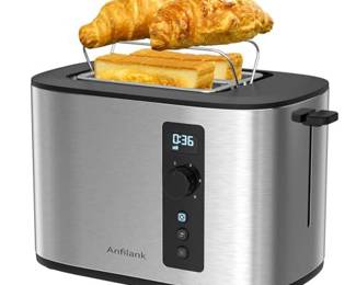 Anfilank Extra Wide Slot 2-Slice Toaster with Digital Countdown Timer, Stainless Steel, 6 Browning Settings, Built-in Warming Rack, Cancel/Bagel/Defrost Functions